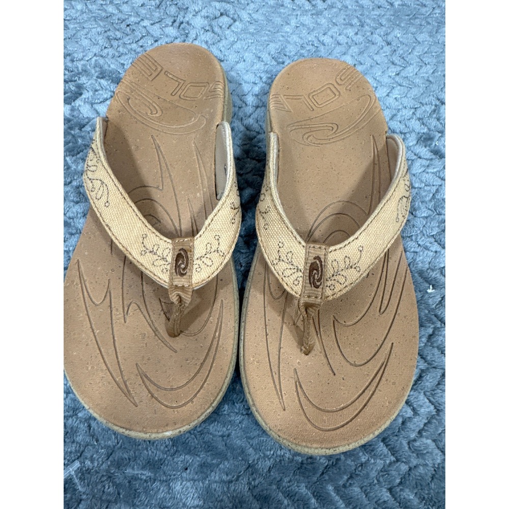 SOLE Womens Sport Flip Flops Tan Canvas Floral Embroidered Arch Support Size 8